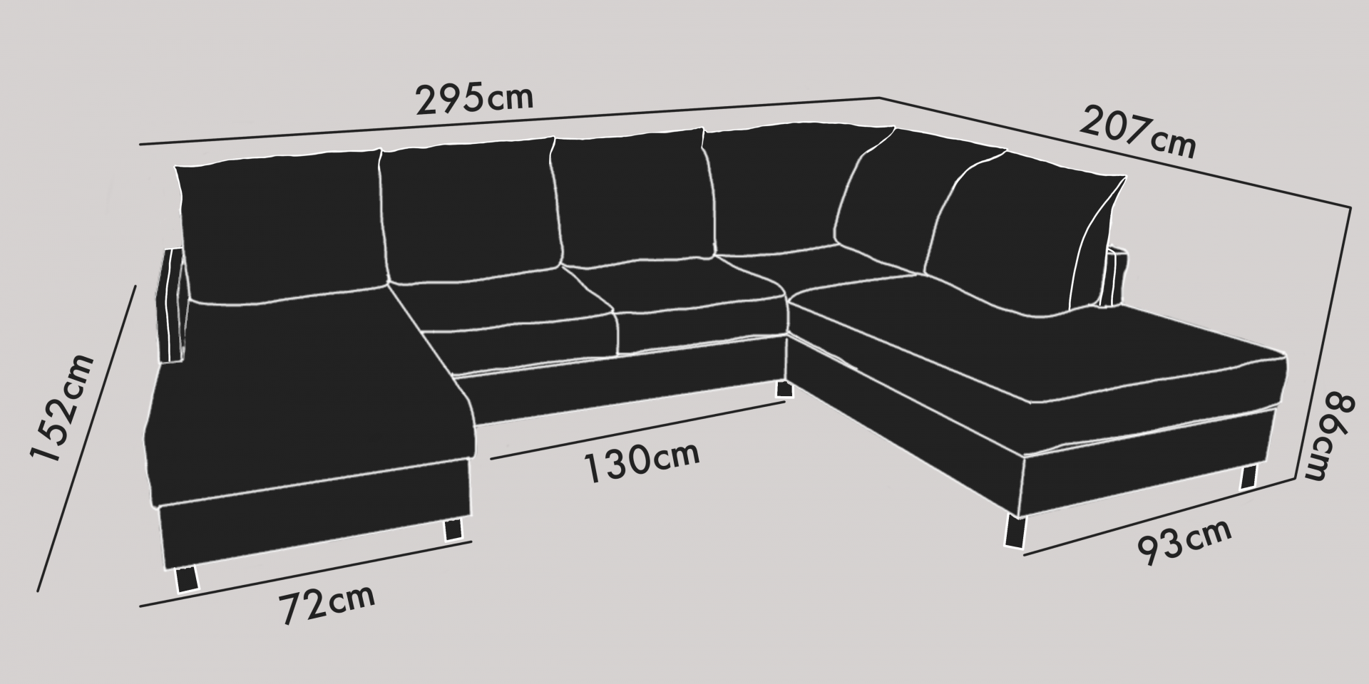 U-soffa 3-sits divan vänster + öppet avslut höger