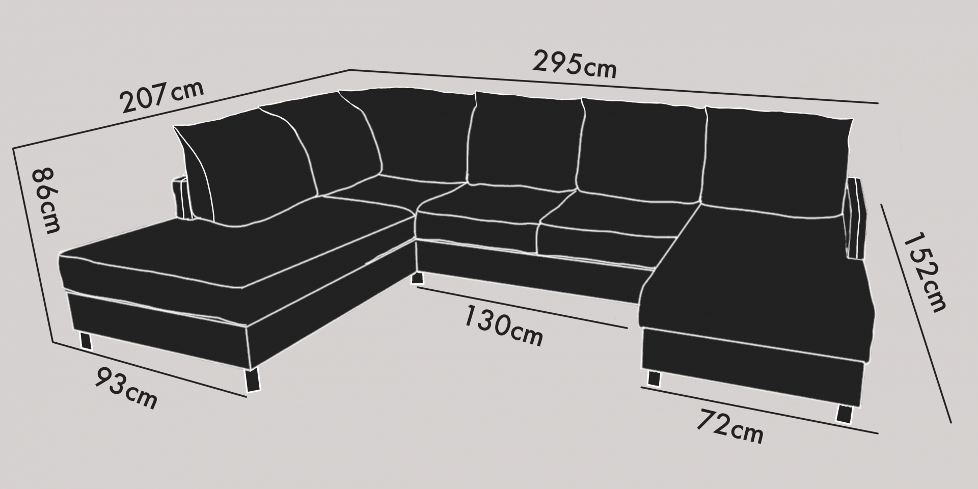 U-soffa 3-sits divan höger + öppet avslut vänster