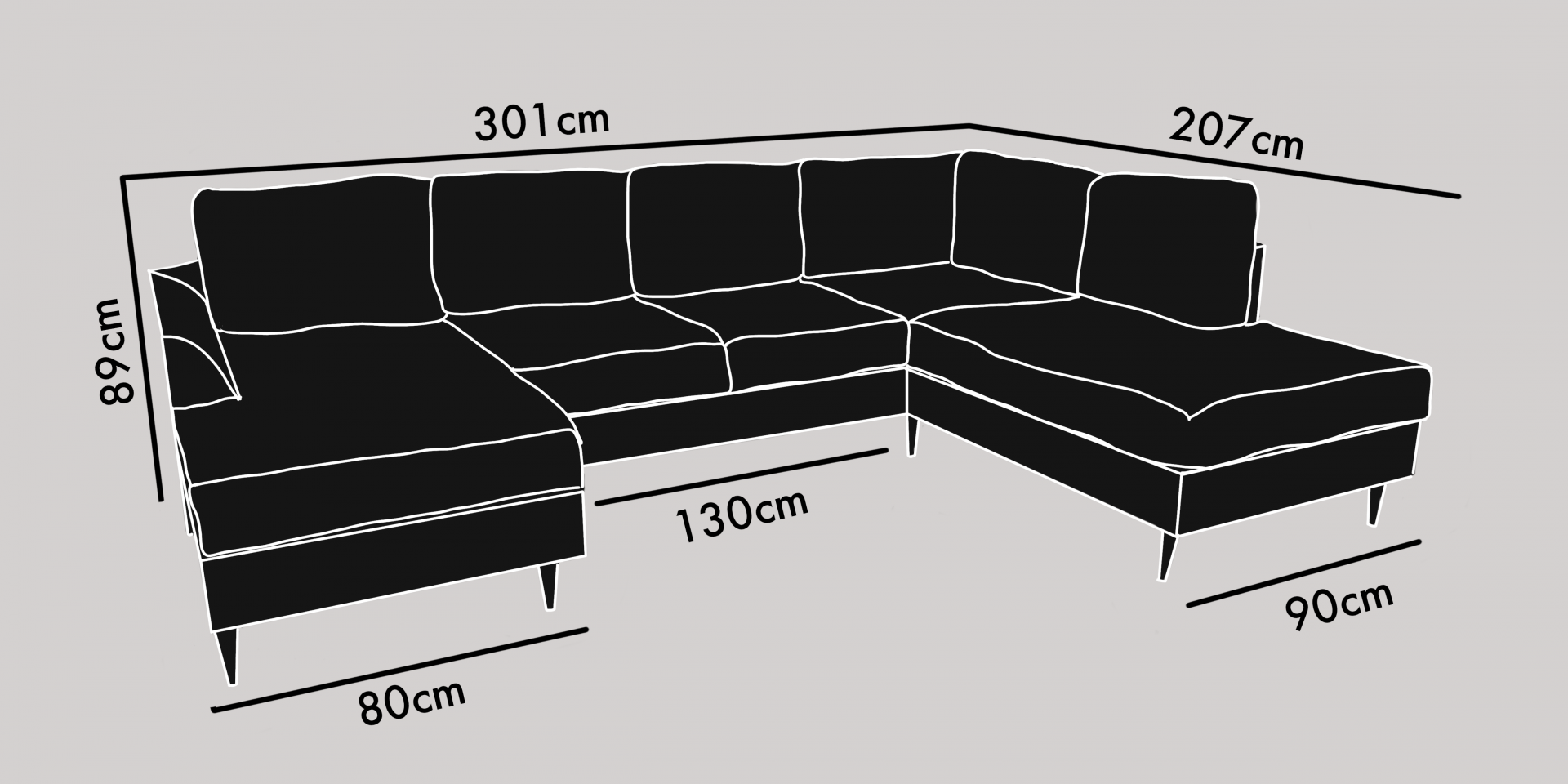 U-soffa 3-sits divan vänster + öppet avslut höger
