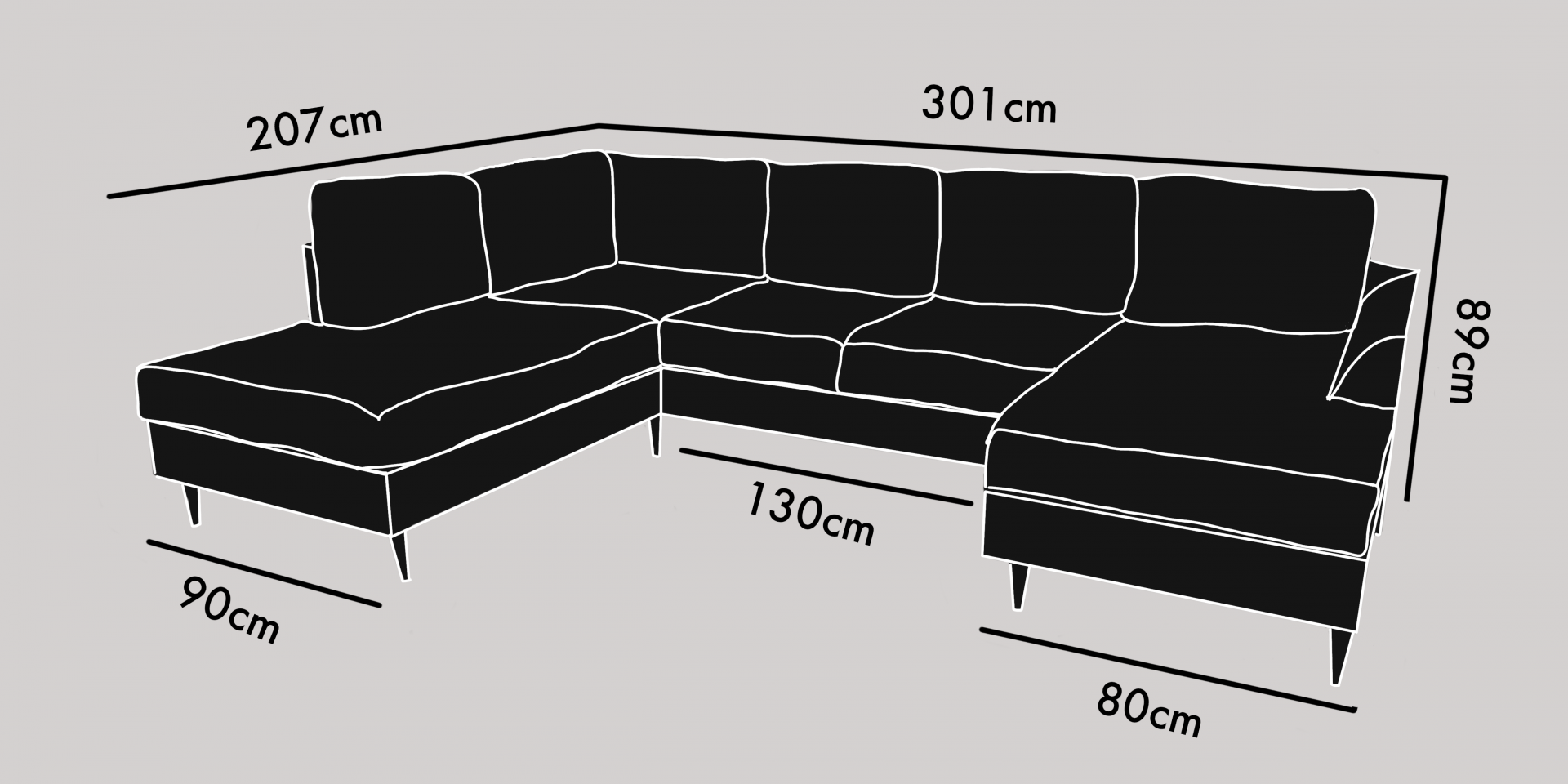 U-soffa 3-sits divan höger + öppet avslut vänster
